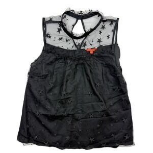 ModCloth Black Star Sheer Mesh‎ Sleeveless Top Size L Ruffle Mock Neck Womens